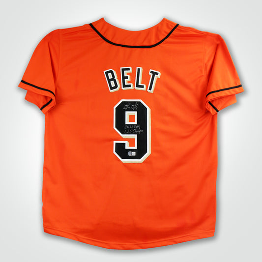 Brandon Belt Signed Jersey Inscribed "2012 & 2014 WS Champs"