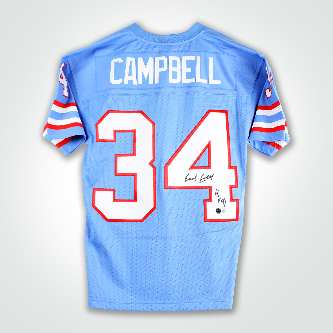 Earl Campbell Signed Oilers Mitchell & Ness Replica Jersey Inscribed "HoF 91"