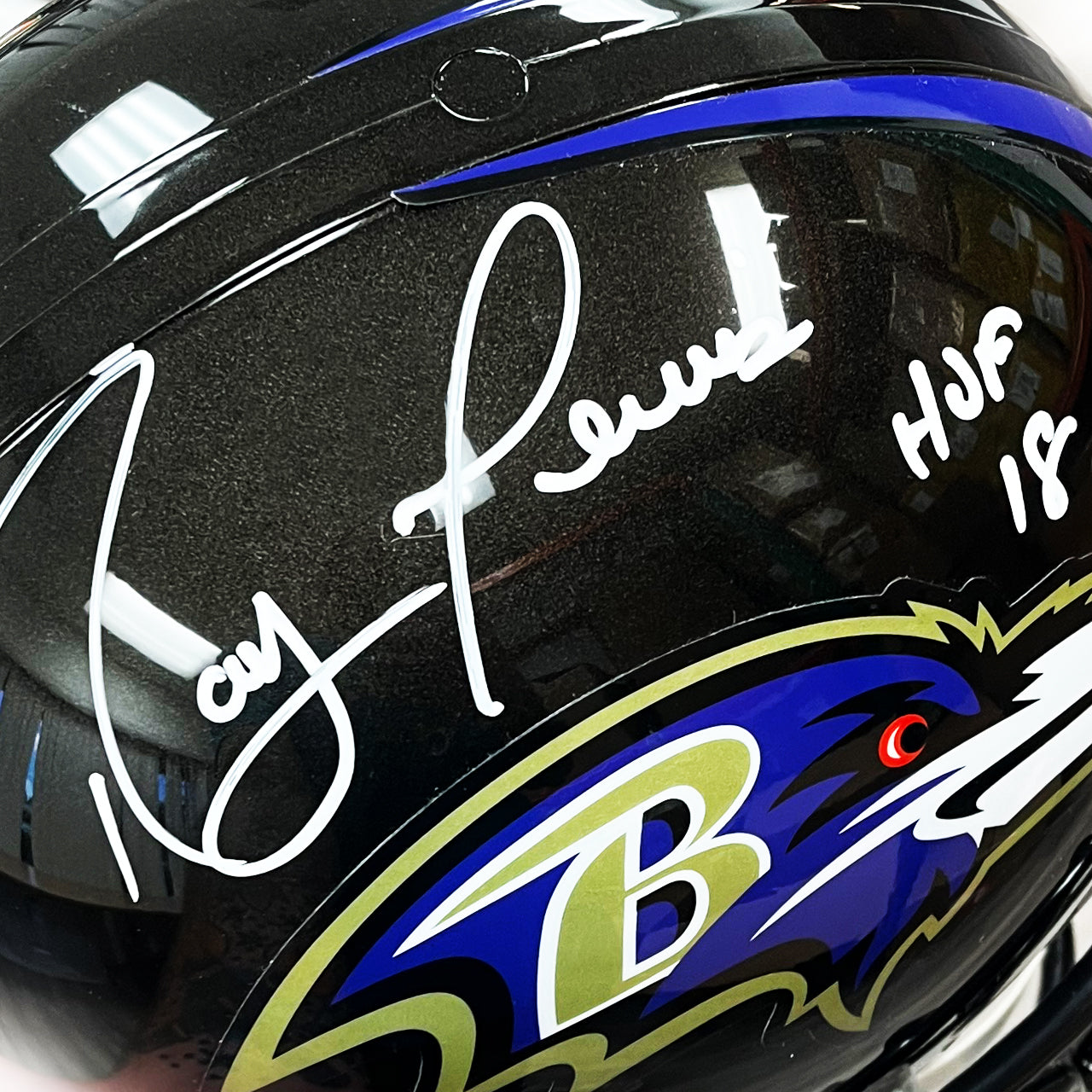 Ray Lewis Signed Ravens Speed Inscribed 'HoF 18' Full Size Replica Helmet