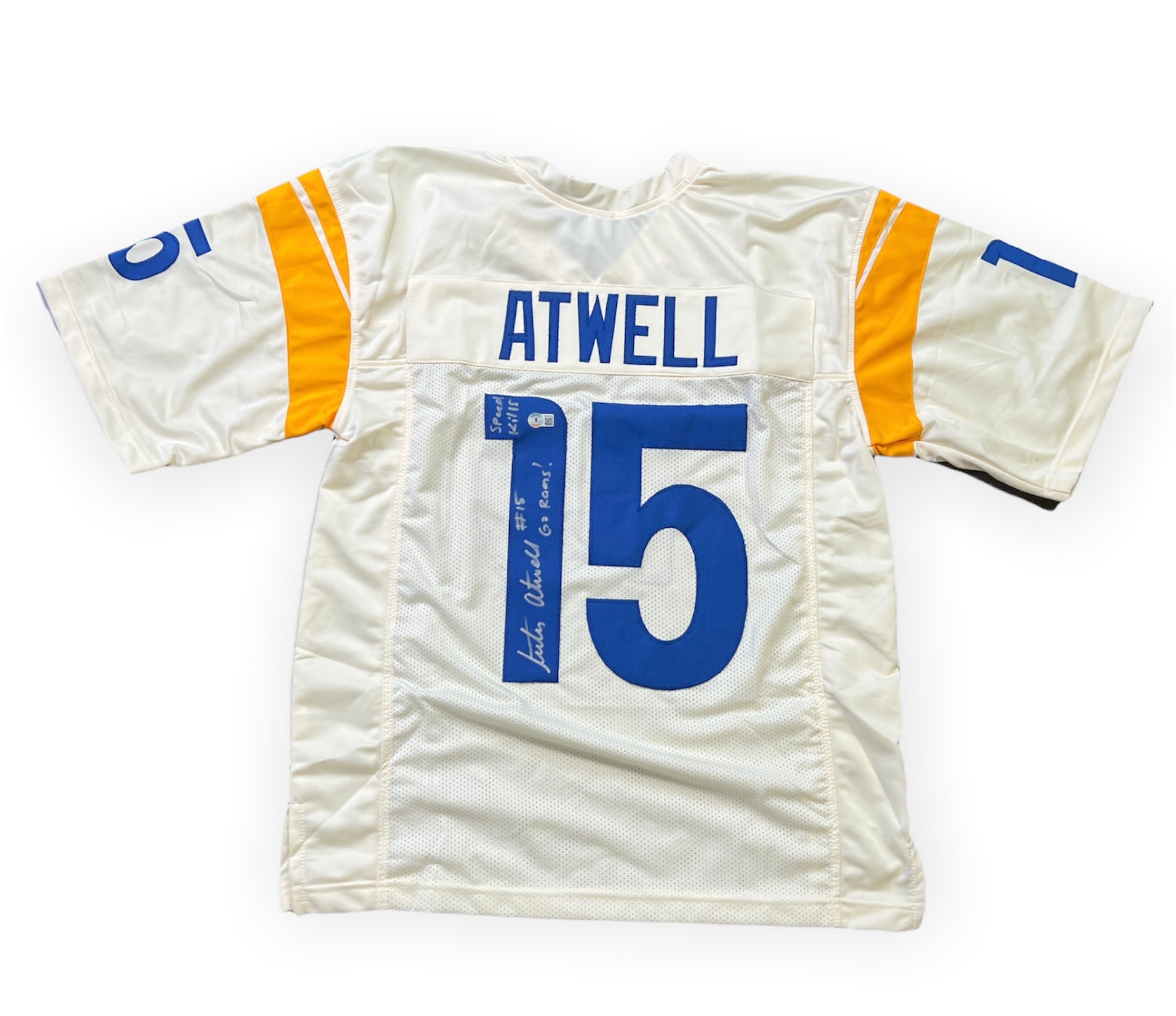 TUTU ATWELL SIGNED LA RAMS BONE WHITE NIKE JERSEY W/INSCRIPTIONS BECKE